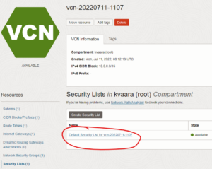 3. Go to the VCN's default Security List.