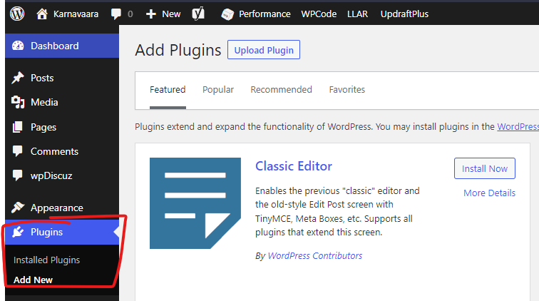 As an admin user, you can add plugins from "Plugins" -> "Add New".